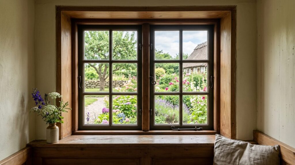 Interior view through a perfectly restored historic wooden w