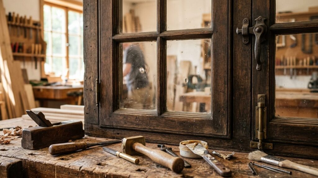 Detail shot of authentic historic window components - wooden