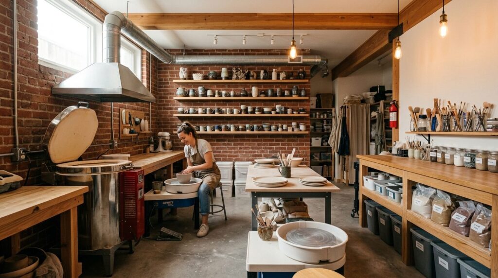 Wide-angle shot of a well-designed basement pottery workshop