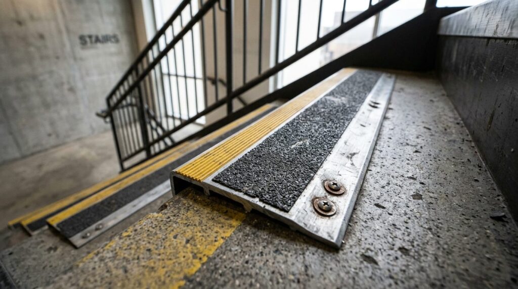Close-up photorealistic detail shot of anti-slip stair tread